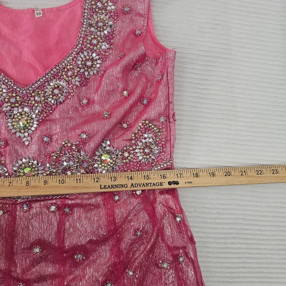 Girls Pink Embellished Indian DesiTunic Skirt Set Size 10 Beaded Sparkly Festive